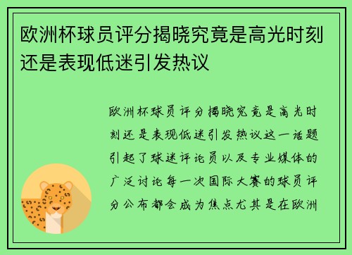 欧洲杯球员评分揭晓究竟是高光时刻还是表现低迷引发热议